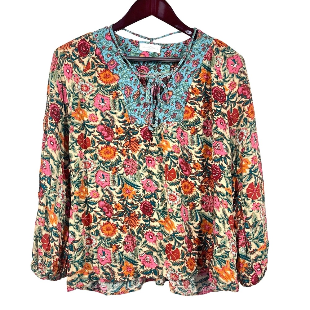 Natural Life Rowan Blouse Size L Colorful Floral Tie Neck Boho Folk Art‎ Flowy